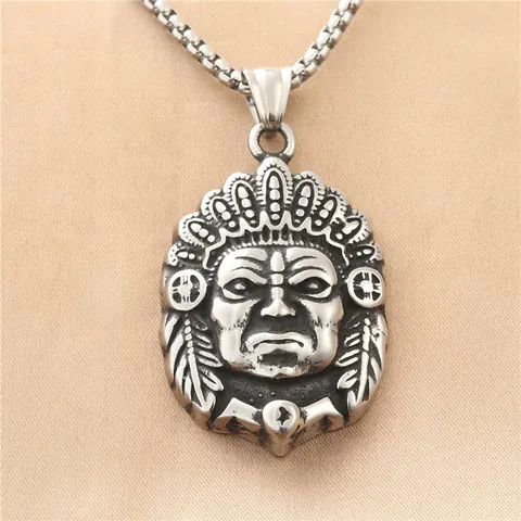 Vintage Stainless Steel Indian Chief Head Pendant Necklace For Men Silver Retro Ethnic Feather Headdress Jewelry Gift