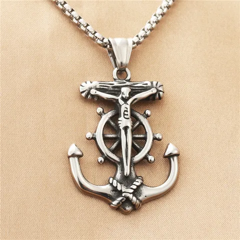 Vintage Punk Stainless Steel Anchor Rudder Jesus Cross Pendant Necklace For Men Retro Nautical Religious Jewelry Gift
