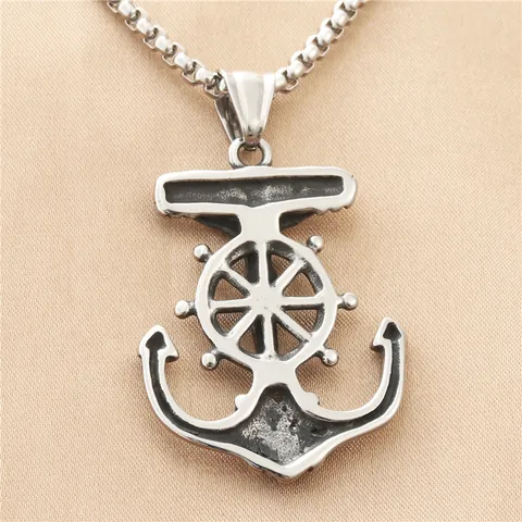 Vintage Punk Stainless Steel Anchor Rudder Jesus Cross Pendant Necklace For Men Retro Nautical Religious Jewelry Gift