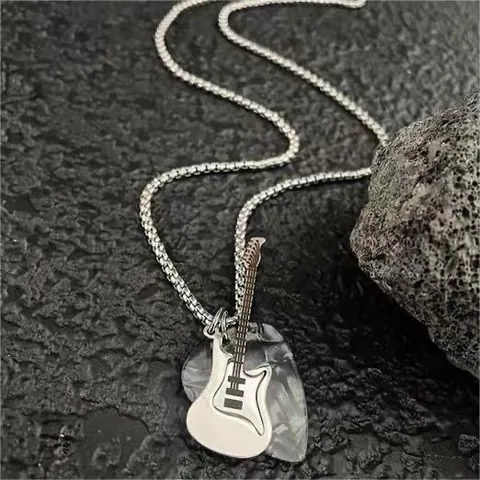 Punk Rock Guitar And Pick Double Pendant Necklace For Men Women Stainless Steel Music Theme Hip Hop Jewelry Daily Accessory