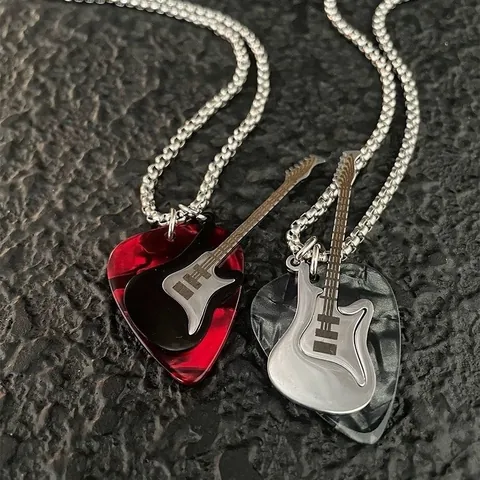 Punk Rock Guitar Pick Pendant Necklace Titanium Steel Hip Hop Jewelry For Men Women Electric Guitar Music Theme Box Chain Necklace