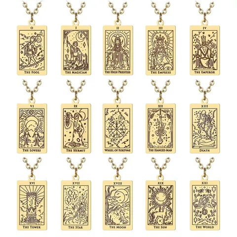 Collier Pendentif Carte de Tarot en Acier Inoxydable Vintage Arcanes Majeurs Le Fou Magicien Soleil Lune Bijoux Plaqué Or Argent Cadeau Hommes Femmes