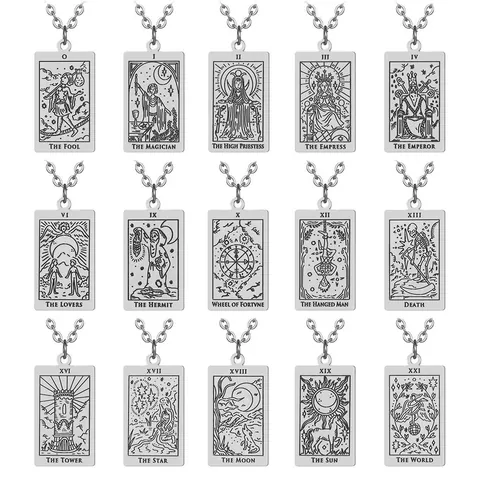 Collier Pendentif Carte de Tarot en Acier Inoxydable Vintage Arcanes Majeurs Le Fou Magicien Soleil Lune Bijoux Plaqué Or Argent Cadeau Hommes Femmes
