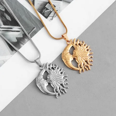 Collier Pendentif Soleil Et Lune Qui S'Embrassent En Acier Inoxydable Vintage Plaqué Or Argent Chaîne Serpent Bijoux Mythiques Femmes