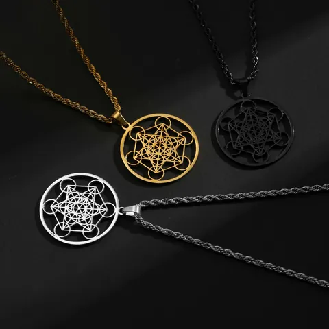 Collier Pendentif Cube de Métatron en Acier Inoxydable Hommes Femmes Géométrie Sacrée Sceau d'Ange Chaîne Torsadée