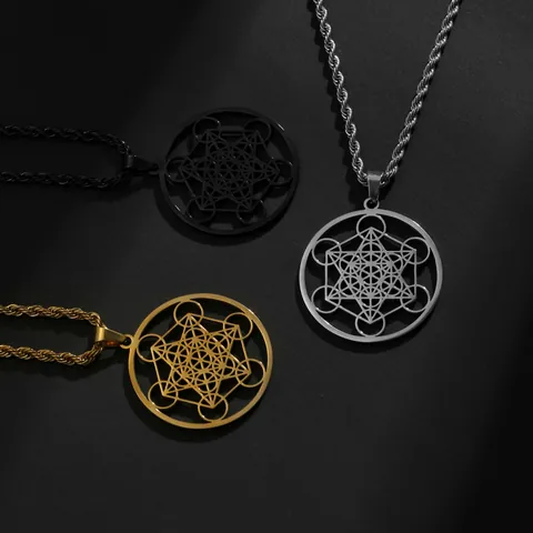 Collier Pendentif Cube de Métatron en Acier Inoxydable Hommes Femmes Géométrie Sacrée Sceau d'Ange Chaîne Torsadée