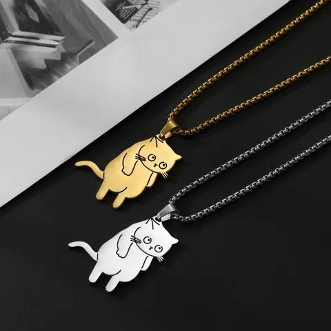 Roestvrij Staal Cartoon Kat Hanger Ketting Voor Vrouwen Mannen Gepersonaliseerde Ondeugende Kat Dier Sieraden Ronde Schakelketting