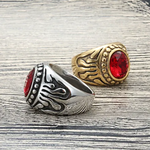 Vintage Punk 316 Titanium Steel Men Ring Large Oval Red Blue Synthetic Gemstone Relief Pattern Gothic Fashion Jewelry