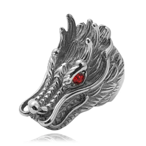 Retro Punk 316 Titanium Steel Dragon Head Ring For Men With Red Zirconia Eyes Gothic Hip Hop Animal Finger Ring Jewelry
