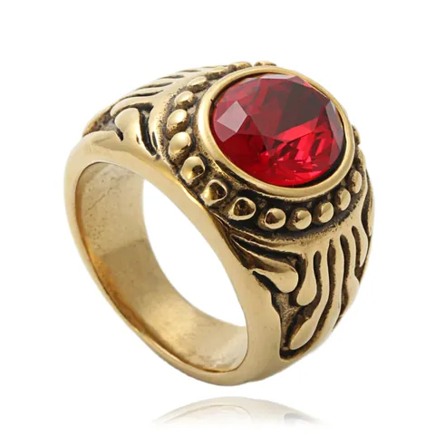 Vintage Punk 316 Titanium Steel Men Ring Large Oval Red Blue Synthetic Gemstone Relief Pattern Gothic Fashion Jewelry