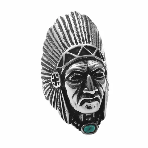 Anello Vintage in Acciaio al Titanio 316 Testa di Capo Indiano Uomo Punk Etnico Fascia Oro Argento Con Pietra Turchese