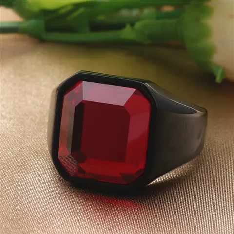 Anillo de Sello para Hombre de Acero Inoxidable 316 Vintage Punk Piedra Preciosa Artificial Cuadrada Roja Negra Anillo Pulido Joyería Hip Hop