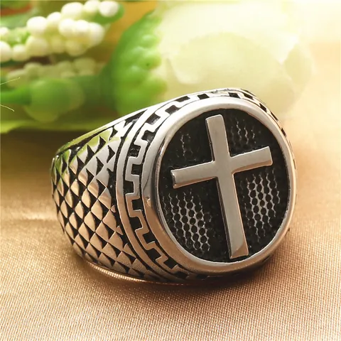 Anillo de Cruz de Acero Inoxidable Vintage Punk para Hombre Mujer Anillo de Sello Religioso de Acero de Titanio 316 Joyería