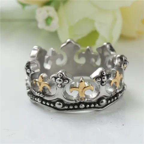 Vintage 316 Stainless Steel Crown Ring For Women Two Tone Gold Silver Fleur De Lis Punk Gothic Band Ring Jewelry Gift