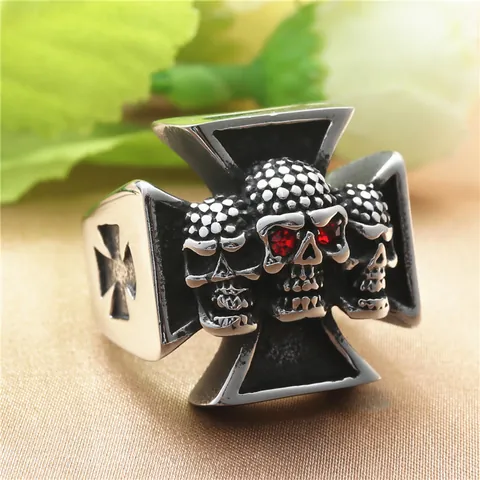 Vintage Punk Roestvrij Staal Schedel Kruis Ring Voor Heren Rode Zirkonia Ogen Gothische Biker Heavy Metal Sieraden