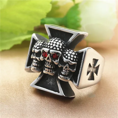Vintage Punk Roestvrij Staal Schedel Kruis Ring Voor Heren Rode Zirkonia Ogen Gothische Biker Heavy Metal Sieraden