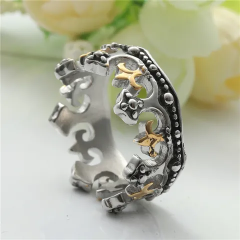 Vintage 316 Stainless Steel Crown Ring For Women Two Tone Gold Silver Fleur De Lis Punk Gothic Band Ring Jewelry Gift