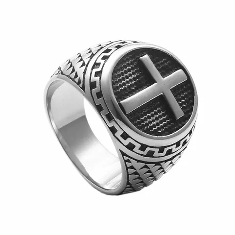Anillo de Cruz de Acero Inoxidable Vintage Punk para Hombre Mujer Anillo de Sello Religioso de Acero de Titanio 316 Joyería