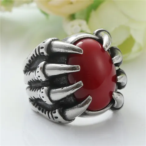 Vintage Punk Dragon Claw Ring With Red Synthetic Garnet Oval Gemstone Stainless Steel Gothic Jewelry For Men Women Gift