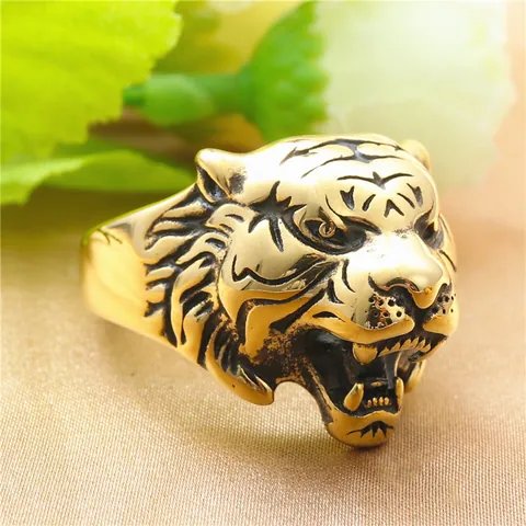 Vintage 316 Stainless Steel Roaring Tiger Head Ring For Men Punk Biker Animal Jewelry Retro Gold Silver Black Titanium Steel Finger Ring