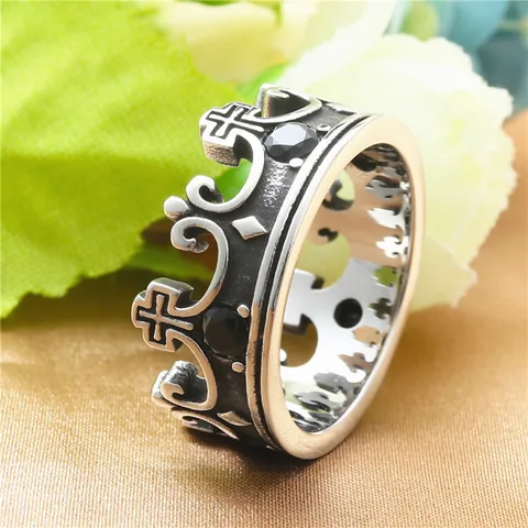 Anillo de Corona Vintage Acero de Titanio Patrón de Cruz Gótica Anillo de Acero Inoxidable 316 Con Zirconia Para Hombre Joyería de Moda Punk