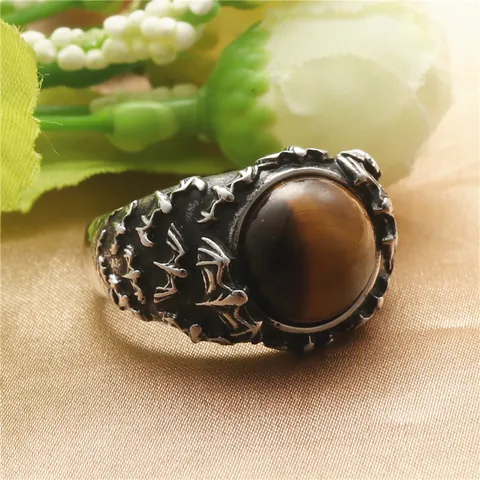 Vintage Stainless Steel Bat Ring For Men Punk Gothic Jewelry With Tiger Eye Black Onyx Stone Retro Distressed Biker Finger Ring