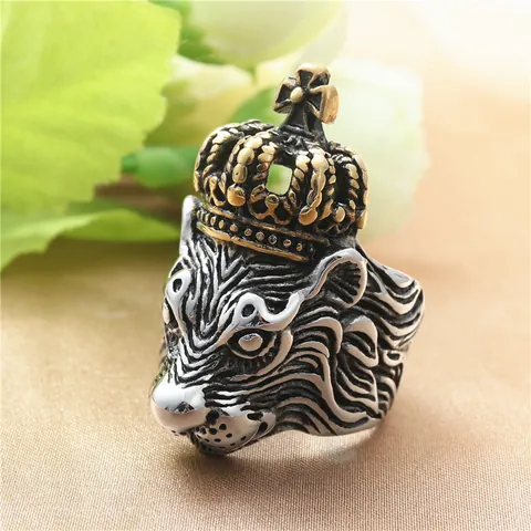Vintage Stainless Steel Lion Head Crown Ring For Men Punk Gothic Cross Biker Ring Gold Silver Retro Jewelry Accessories Gift
