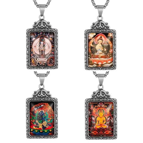 Vintage Stainless Steel Zodiac Guardian Buddha Pendant Necklace Thangka Art Religious Ethnic Jewelry For Men Women Gift