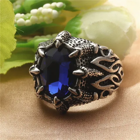 Vintage Punk Titanium Steel Dragon Claw Ring For Men Gothic Antique Silver Synthetic Gemstone Finger Ring Party Jewelry