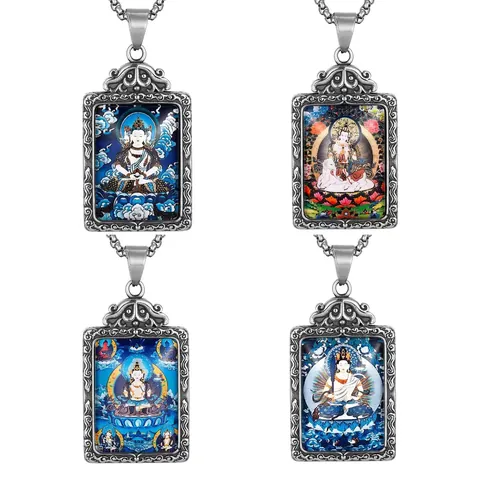 Vintage Stainless Steel Zodiac Guardian Buddha Pendant Necklace Thangka Art Religious Ethnic Jewelry For Men Women Gift