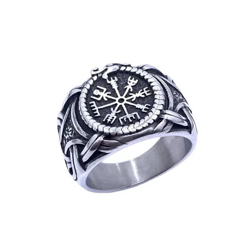 Vintage Viking Compass Vegvisir Ring For Men Stainless Steel Nordic Ouroboros Snake Pattern Antique Silver Punk Mythology