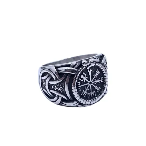Vintage Viking Compass Vegvisir Ring For Men Stainless Steel Nordic Ouroboros Snake Pattern Antique Silver Punk Mythology