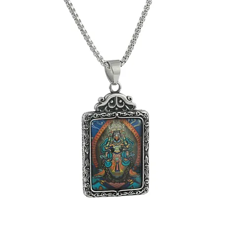 Vintage Titanium Steel Thangka Deity Pendant Necklace For Men Women Retro Ethnic Buddhist Religious Jewelry Gifts Silver Chain