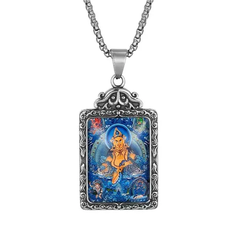Vintage Titanium Steel Thangka Religious Pendant Necklace For Men Ganesha Mahakala Jambhala Buddhist Art Rectangular Jewelry