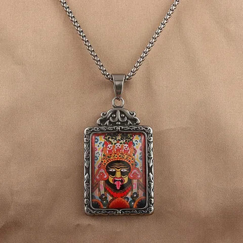 Vintage Titanium Steel Thangka Deity Pendant Necklace For Men Women Retro Ethnic Buddhist Religious Jewelry Gifts Silver Chain