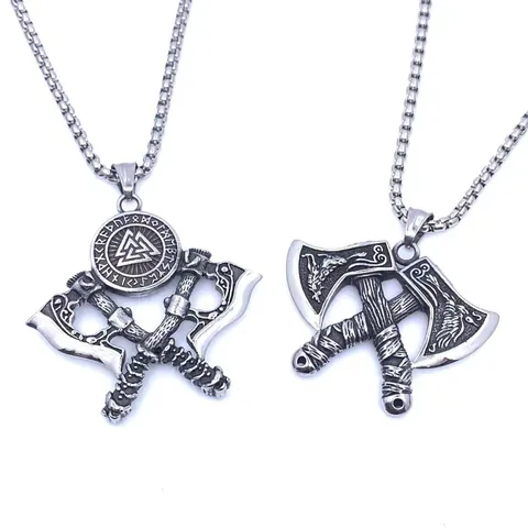 Viking Odin Axe Pendant Necklace Stainless Steel Retro Rune Shield Valknut Symbol Gothic Jewelry For Men Boys Gift
