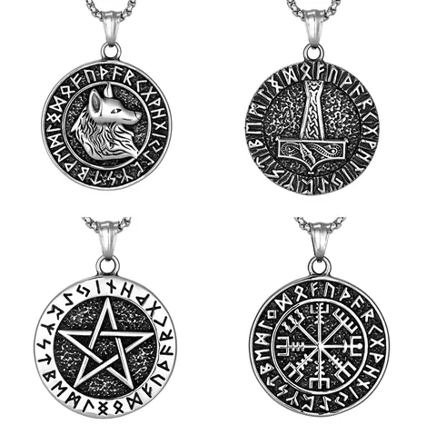 Nordic Viking Stainless Steel Pendant Necklace Retro Ancient Silver Rune Wolf Head Thor's Hammer Tree of Life Jewelry