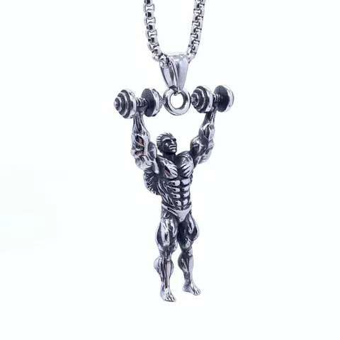 Vintage Stainless Steel Muscle Man Barbell Pendant Necklace For Men Fitness Gym Weightlifter Retro Male Jewelry Gift