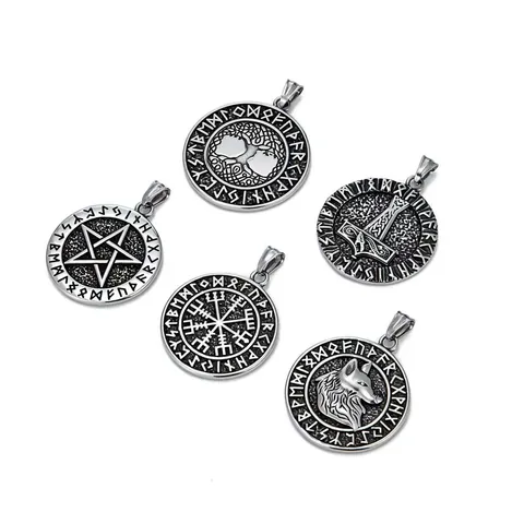 Nordic Viking Stainless Steel Pendant Necklace Retro Ancient Silver Rune Wolf Head Thor's Hammer Tree of Life Jewelry