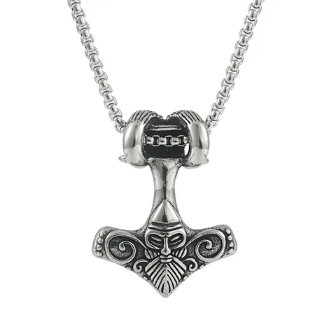 Vintage Viking Thor's Hammer Pendant Necklace For Men Stainless Steel Goat Head Mjolnir Odin Warrior Retro Punk Jewelry Gift