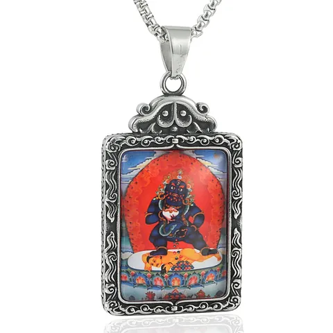 Vintage Κολιέ με Μενταγιόν Θεός Thangka Θιβετιανός Βουδισμός από Ανοξείδωτο Ατσάλι για Άνδρες Γυναίκες Εθνικό Θρησκευτικό Κόσμημα