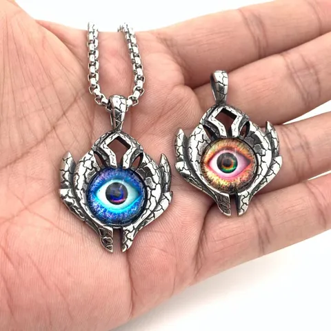 Vintage Stainless Steel Evil Eye Pendant Necklace For Men Women Goth Punk Style Crack Texture Jewelry Accessory Gift