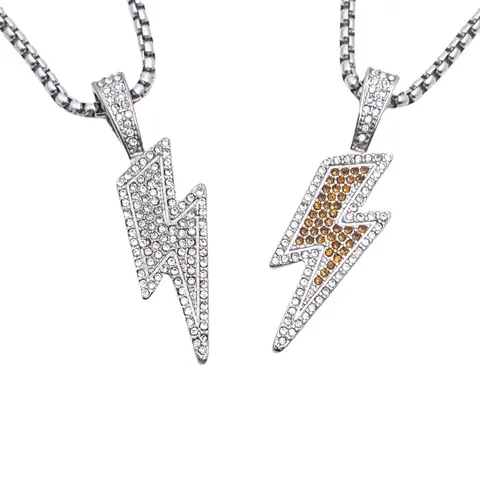 Collar de Colgante de Rayo Hip Hop de Acero Inoxidable Titanio Zirconia Strass Cadena Iced Out para Hombres Mujeres