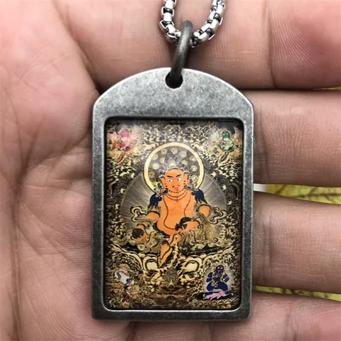 Collar de Colgante Thangka de Huang Caishen de Acero Inoxidable Vintage para Hombres Mujeres Joyería de Amuleto Retro Budista