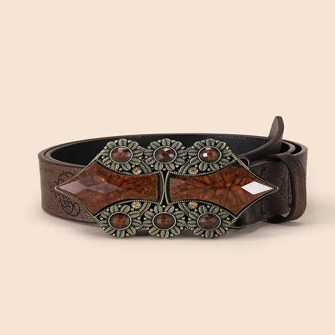 Women Vintage Bohemian Waist Belt Faux Leather Floral Embossed Strap With Carved Alloy Buckle Resin Stone Ethnic Cinch Belt