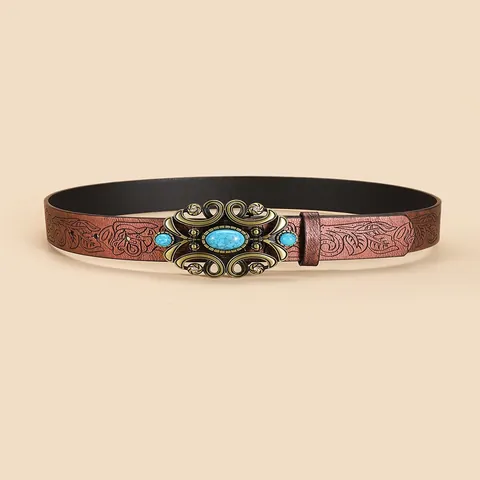 Women Vintage PU Leather Belt With Turquoise Buckle Ethnic Floral Embossed Waistband Bohemian Western Cowboy Style Accessory