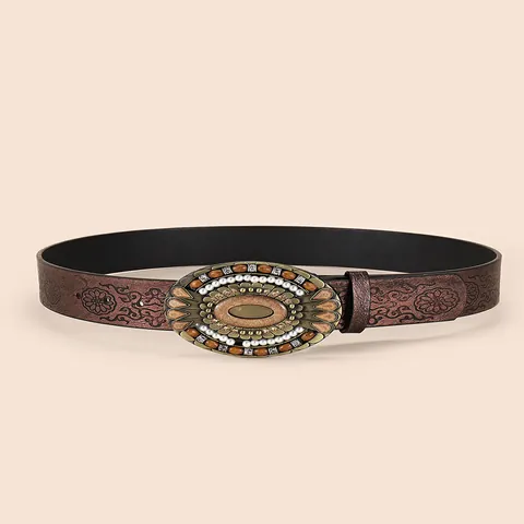 Cintura da Donna Vintage Bohemienne in Ecopelle con Motivo Floreale Goffrato Grande Fibbia Ovale Künstliche Perle Sintetiche