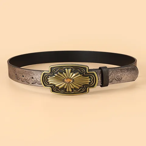 Women's Vintage Embossed Faux Leather Belt Bohemian Western Style Wide Waistband With Large Engraved Metal Buckle