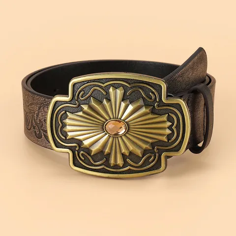 Women's Vintage Embossed Faux Leather Belt Bohemian Western Style Wide Waistband With Large Engraved Metal Buckle