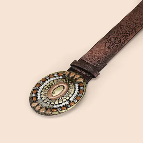 Cintura da Donna Vintage Bohemienne in Ecopelle con Motivo Floreale Goffrato Grande Fibbia Ovale Künstliche Perle Sintetiche